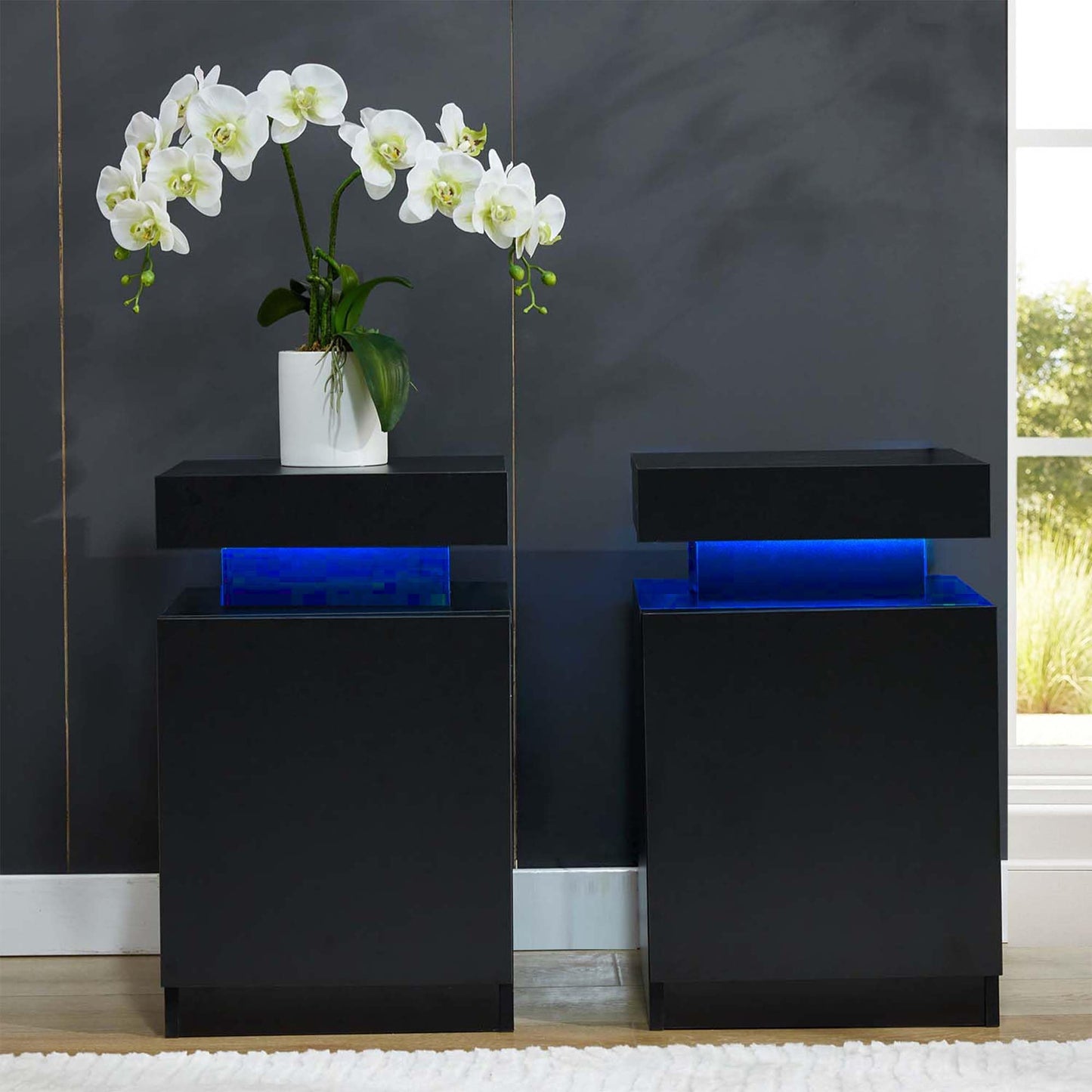 Black Nightstands Set of 2, Modern End Table with LED Lights, Bedside Table with Large Storage, 2 Night Stands for Bedrooms