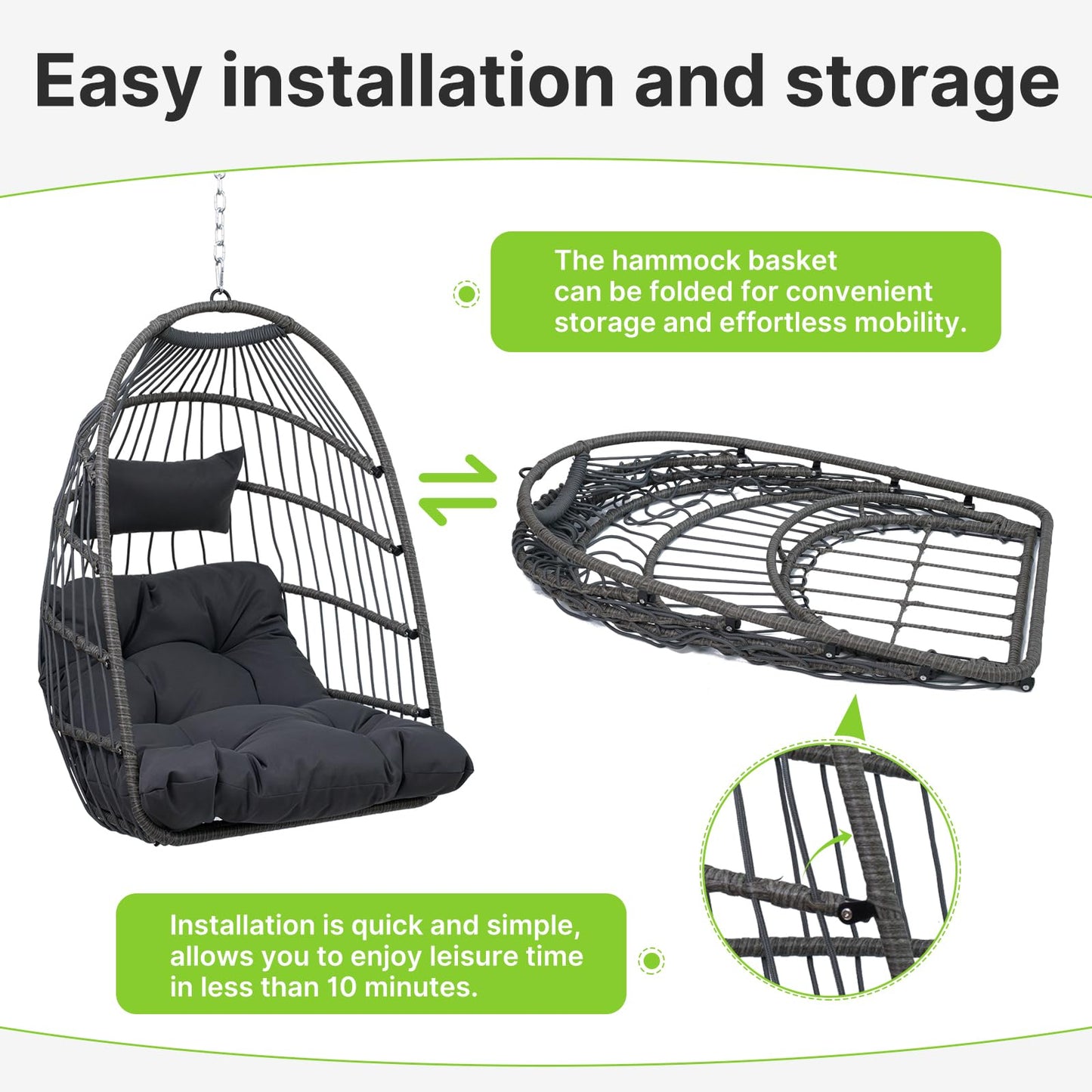Yzwetcy Egg Chair with Stand Outdoor Foldable Patio Wicker Hanging Swing Chairs for Bedroom Balcony with Cushions 350Lbs Indoor Lounge Basket All Weather Hammock Swinging Chair, Cream
