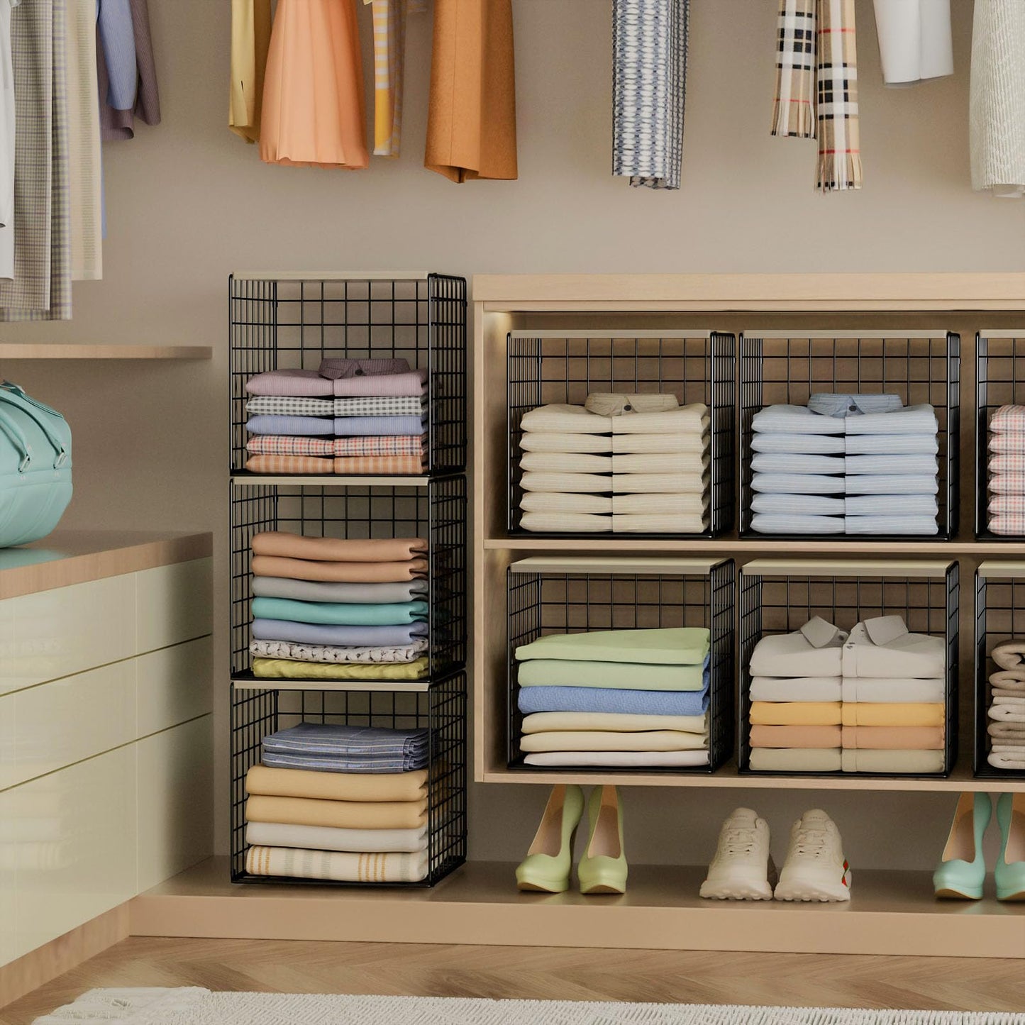 3PCS Stackable Closet Organizers and Storage, Shelves with Wood Top Extra Storage, Clothes Organizer Basket, Bin, or Tube for Wardrobe and Home Organization (Black-Sturdy Metal) Patent Pending