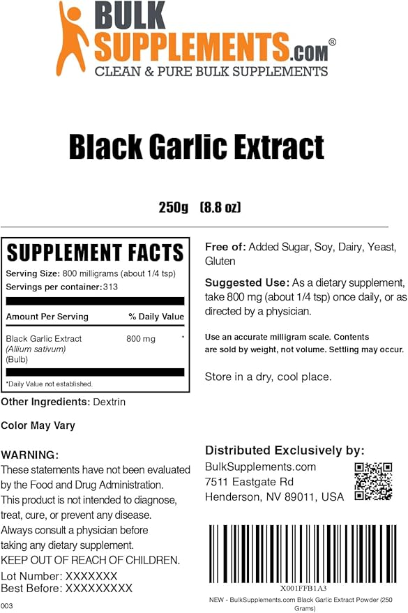 BulkSupplements.com Black Garlic Extract Powder - Aged Garlic Extract, Black Garlic Supplement, Black Garlic Powder - Gluten Free, 800mg per Serving, 250g (8.8 oz) (Pack of 1)