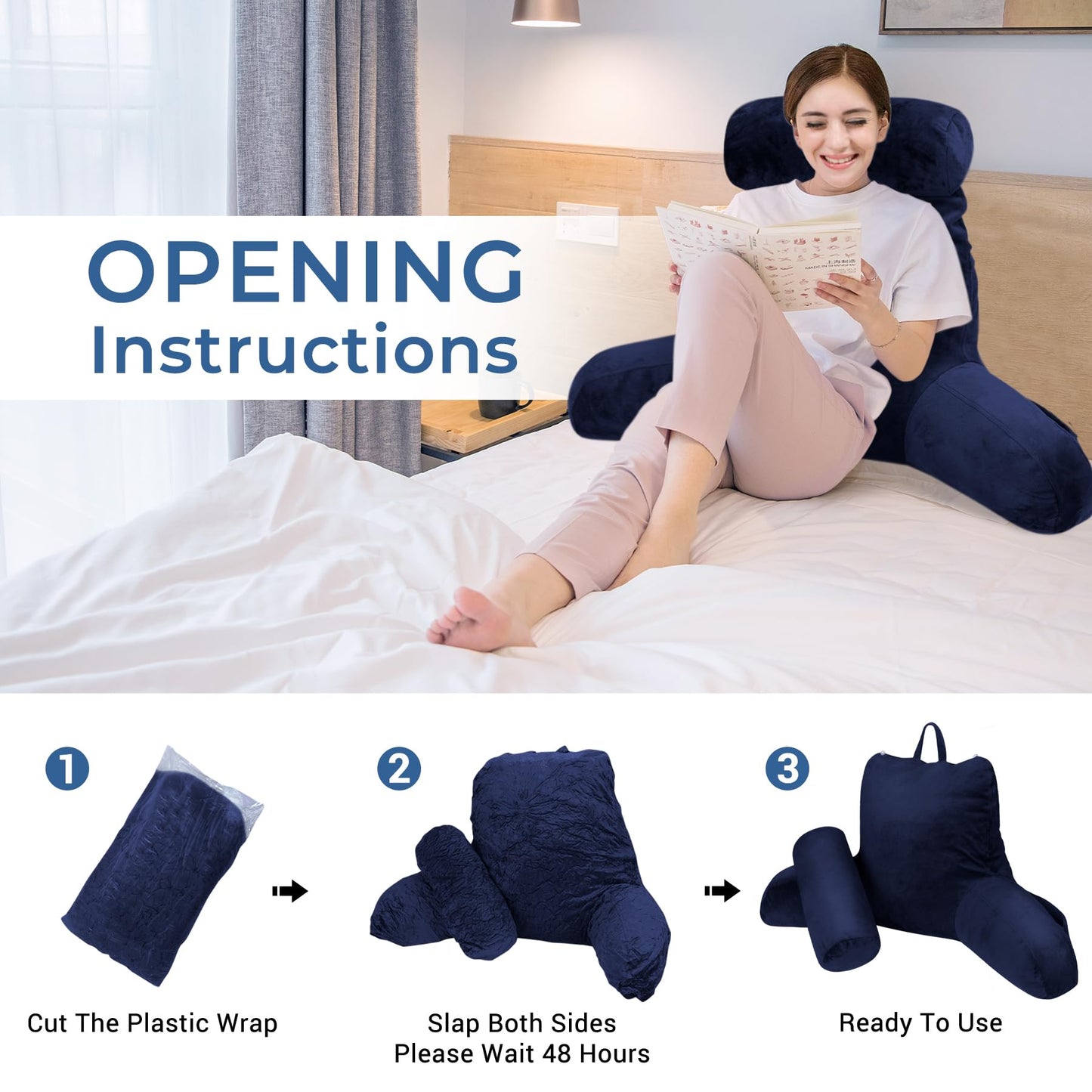 COOLBEBE Reading Pillow for Bed Backrest Pillow for Bed Sitting Up Adult with Arms Navy Back Support Pillow with Headrest & Pockets, Removable Washable Cover and Detachable Neck Roll(Extra Large 27")