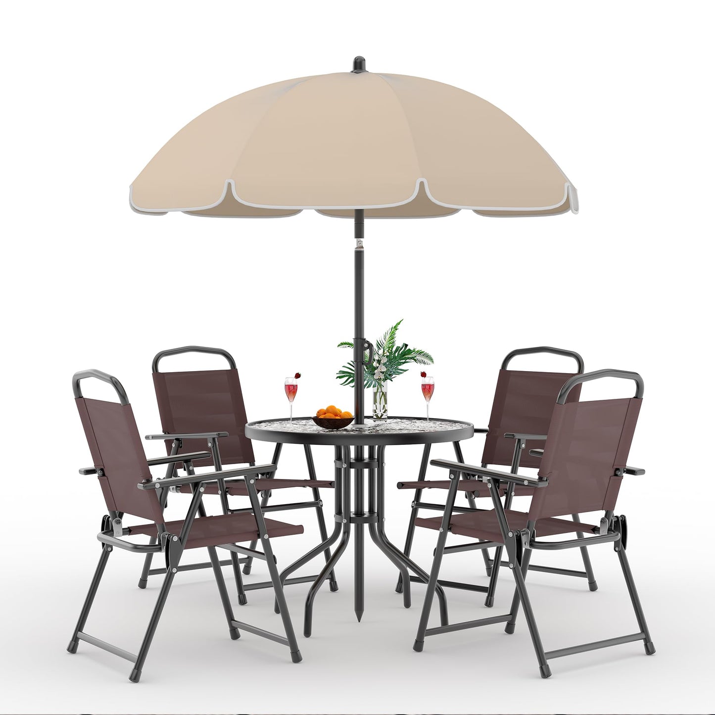 Patio Dining Set for 4 With Umbrella, Outdoor Furniture Set With 4 Folding Dining Chairs, Outdoor Table Umbrella Set With Tempered Glass Top Dinings Table