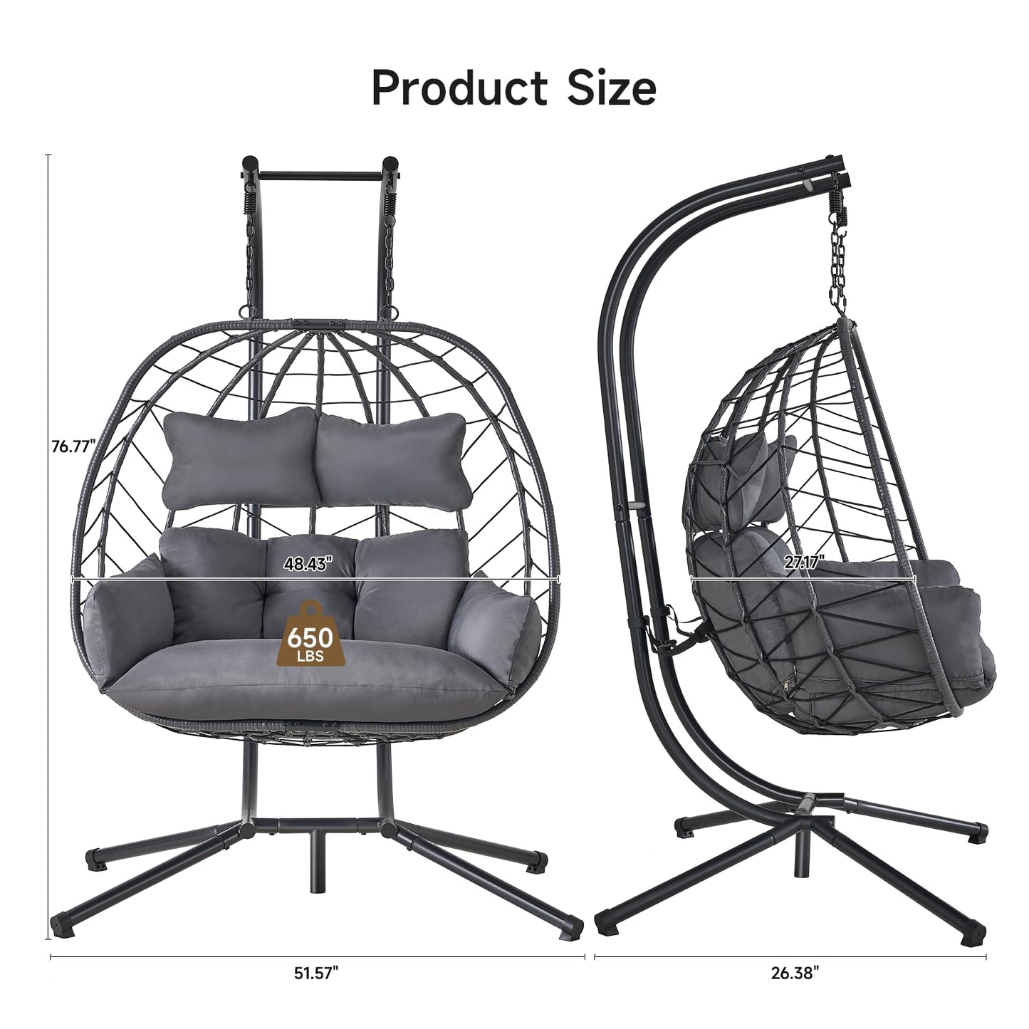 ONBRILL Double Egg Chair with Stand, Indoor Outdoor 2 Person Hammock Swing Chair with Cushions & Headrest, 650LBS Capacity Hanging Loveseat for Patio, Bedroom, Garden, Balcony (Black-Dark Gray)
