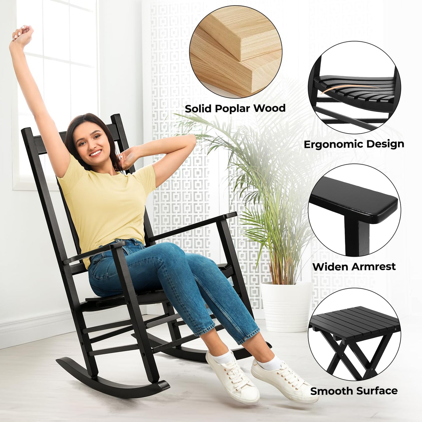 MAMIZO Outdoor Rocking Chair Set 3-Piece, Rocking Chair Patio Set of 2 with Side Table, with High Back,Indoors or Outdoor Wooden Rocker, Easy to Assemble for Porch, Patio, Garden,Lawn, Balcony