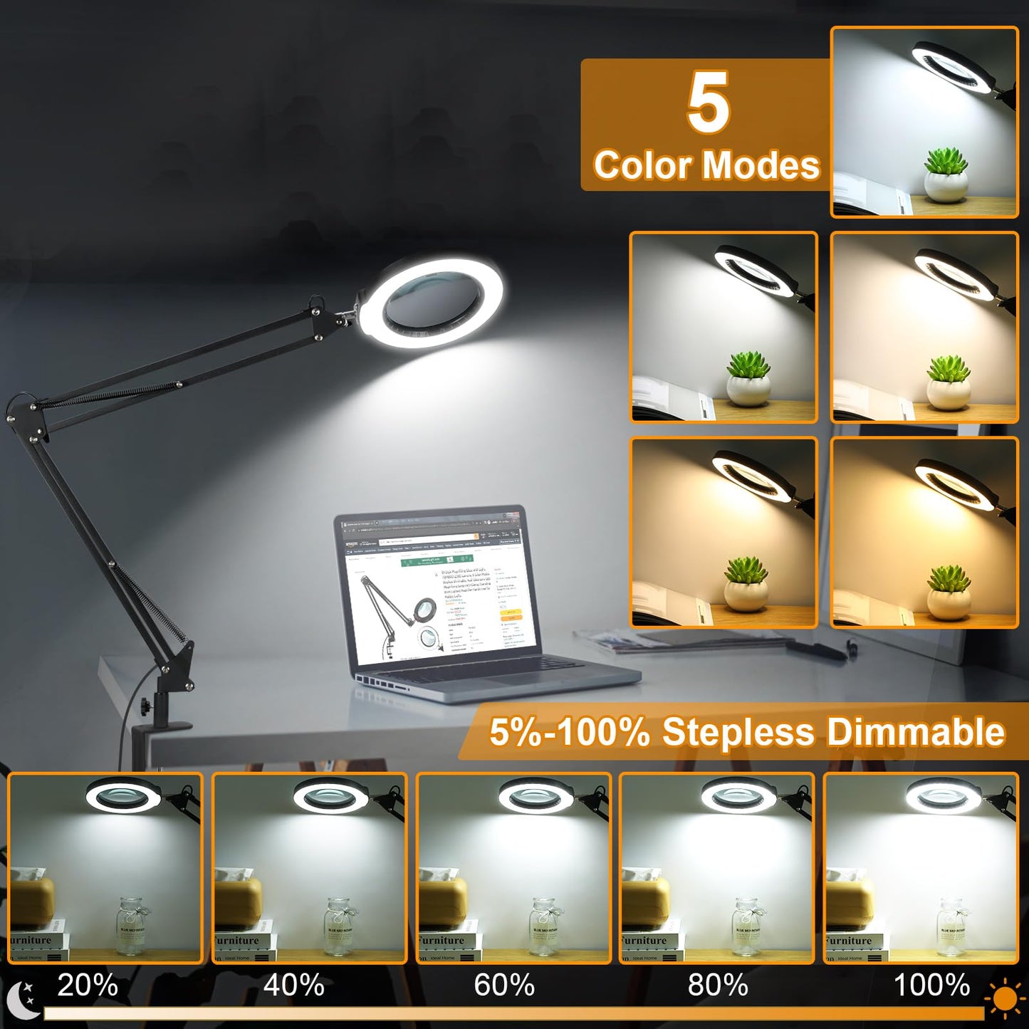 10X Large Magnifying Glass with Light and Stand, KRSTLV 2 x 16 Inch Adjustable Swivel Arm LED Desk Lamp with Clamp, 5 Color Modes Stepless Dimmable, Lighted Magnifier Hands Free for Close Work, Hobby