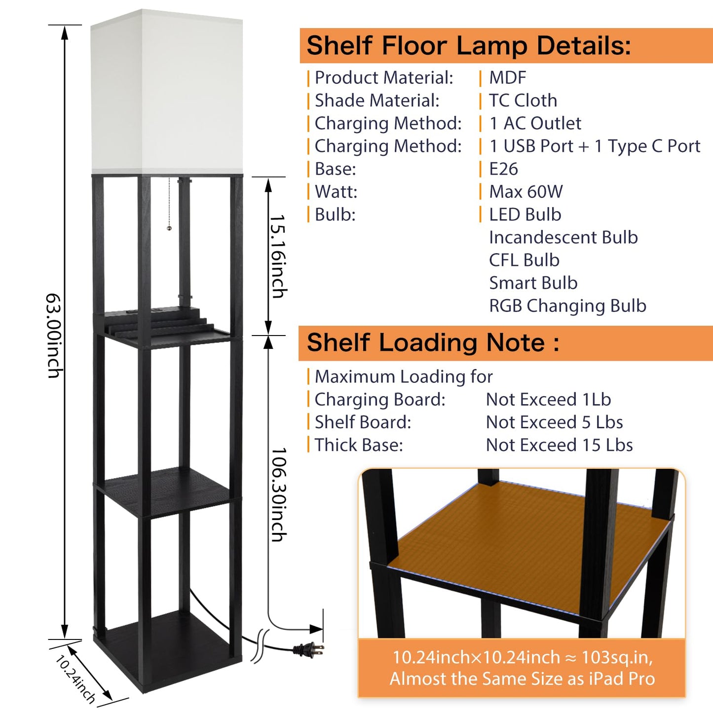 SHINE HAI 3-in-1 Shelf Floor Lamp with 1 USB&Type C&1 AC Outlet, 3-Tiered LED Bedroom Lamp, Shelf & Storage Combination Modern Standing Light