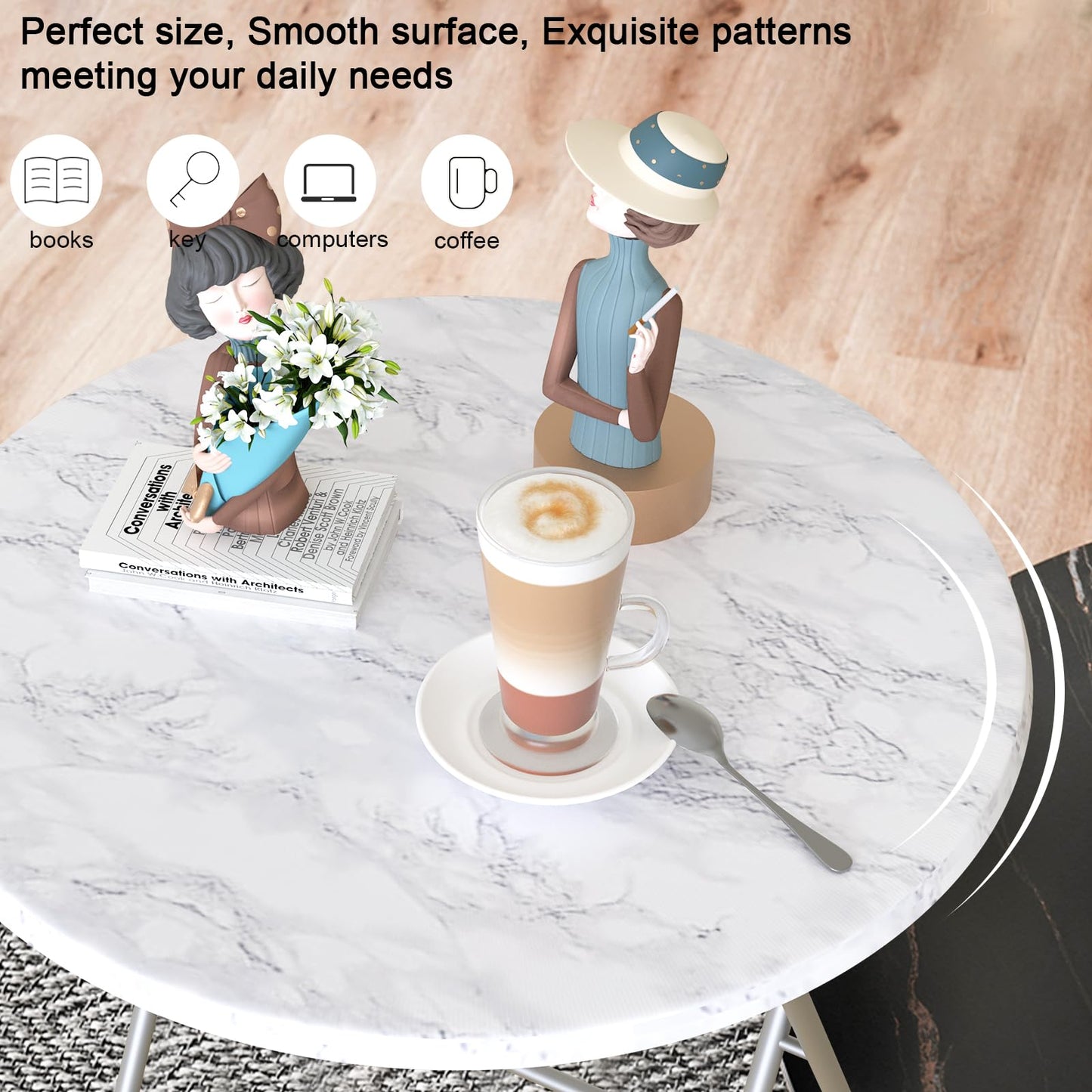 Fleecy day TV Tray Table, Round Folding Table, Foldable Snack Tray for Eating, Small Folding Table Set of 2, Dinner Table for Couch, Living Room, Small Space (White Marble, 2Pcs)