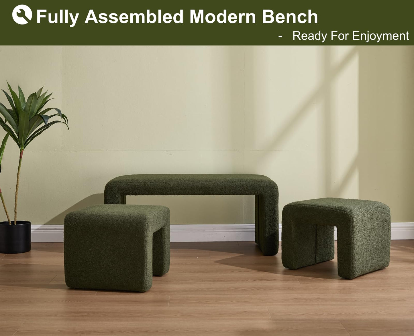 Shunzhi Modern Green Boucle Entryway Bench Set of 3 Nesting Upholstered Sherpa End of Bed Bench Rectangular Vanity Ottoman Bench with 2 Small Footrest Stool for Living Room/Bedroom/Hallway