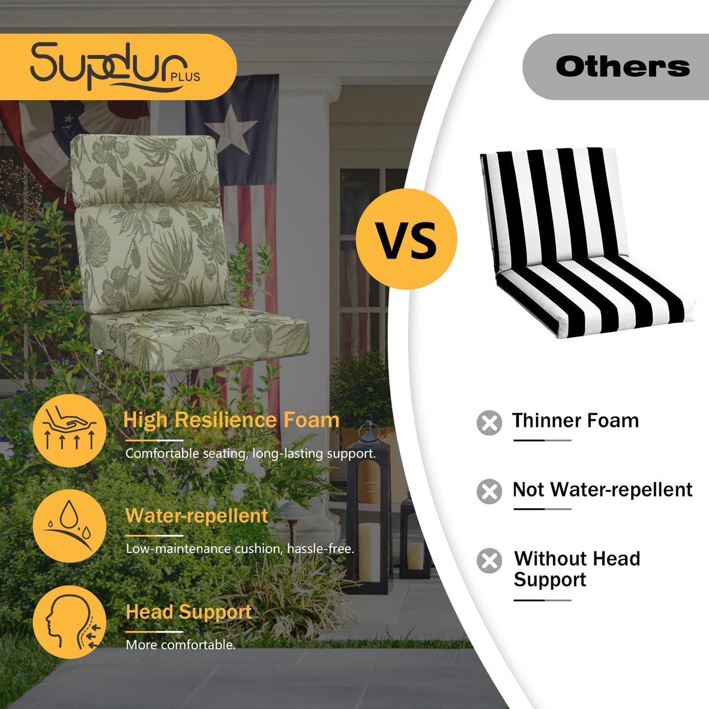 Supdurplus Outdoor High Back Chair Cushion, 2 Pack 44x21 inches Patio Chair Cushions Water Repellent Rocking Cushions Indoor Furniture Seat Pad, Dark Green Vine