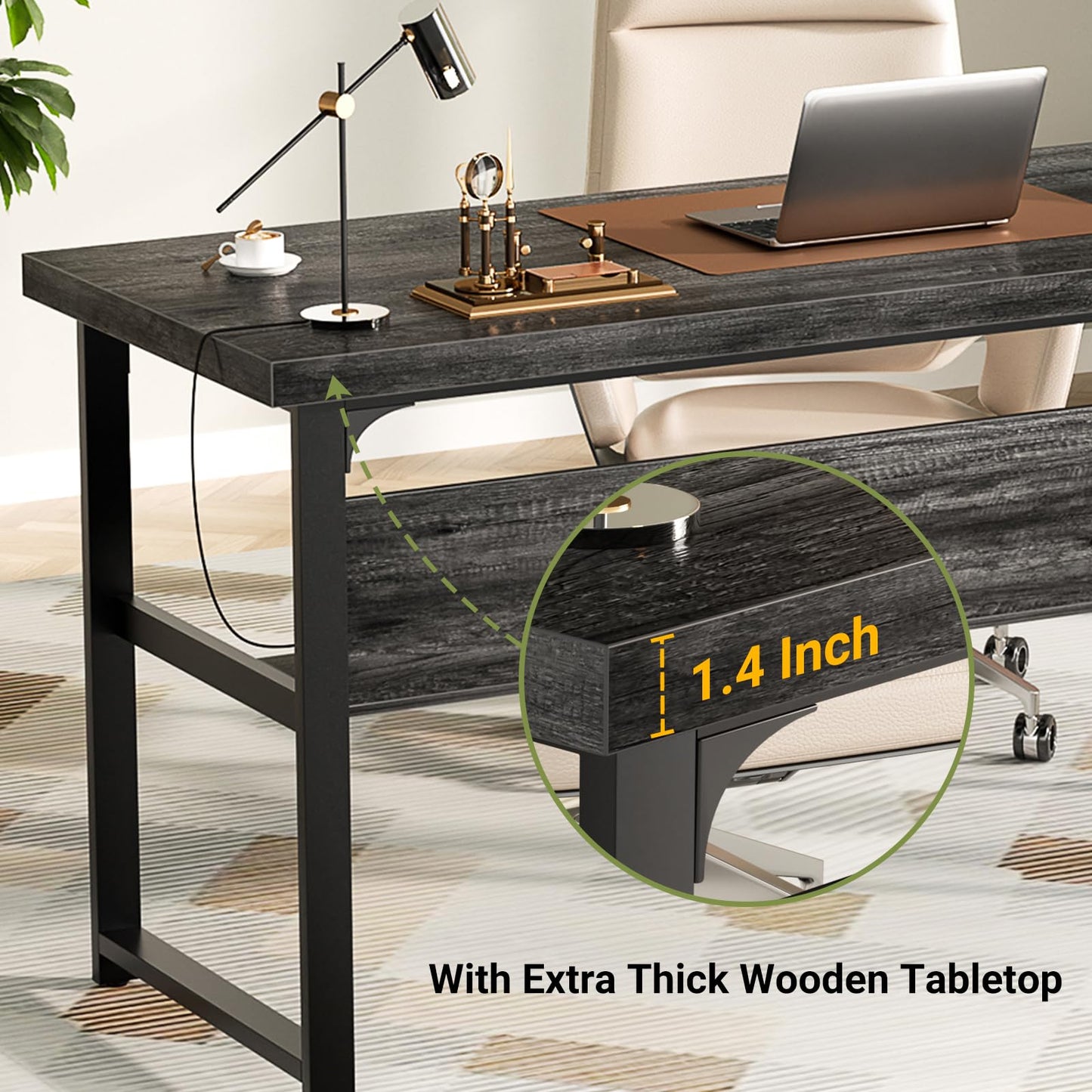 Unikito 53 Inch Desk with Power Outlets and USB Ports, Computer Desk with 1.4 Inch Thicker Desktop, Heavy Duty Study Writing Table with Shelf, Work Gaming Desk for Home Office, Metal Frame, Black Oak