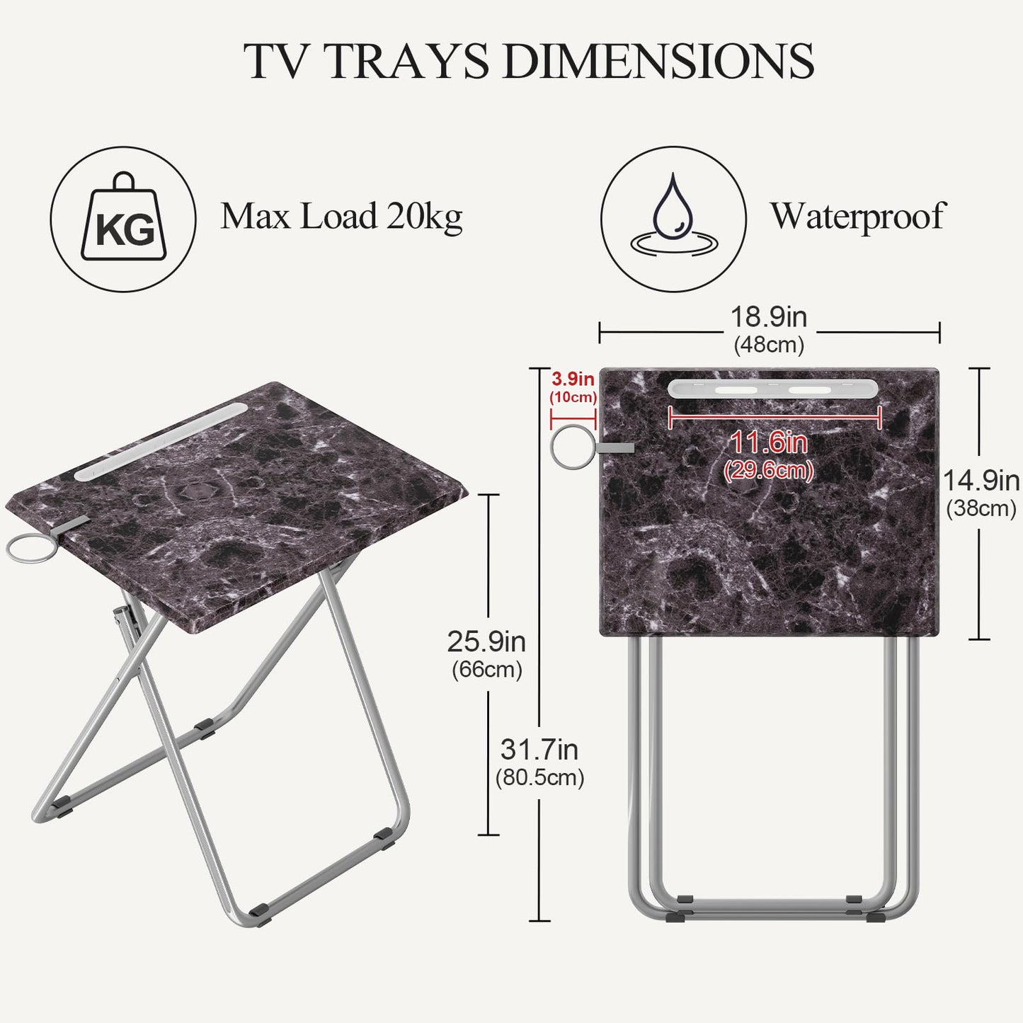 Fleecy day Folding TV Tray Table with Cup Holder, TV Dinner Table with Sturdy MDF Top, Eating Trays with Tablet Slot for Living Room, Bedroom, Sofa, 15 x 18.9 x 25.6 in (Black Marble, 2Pcs)