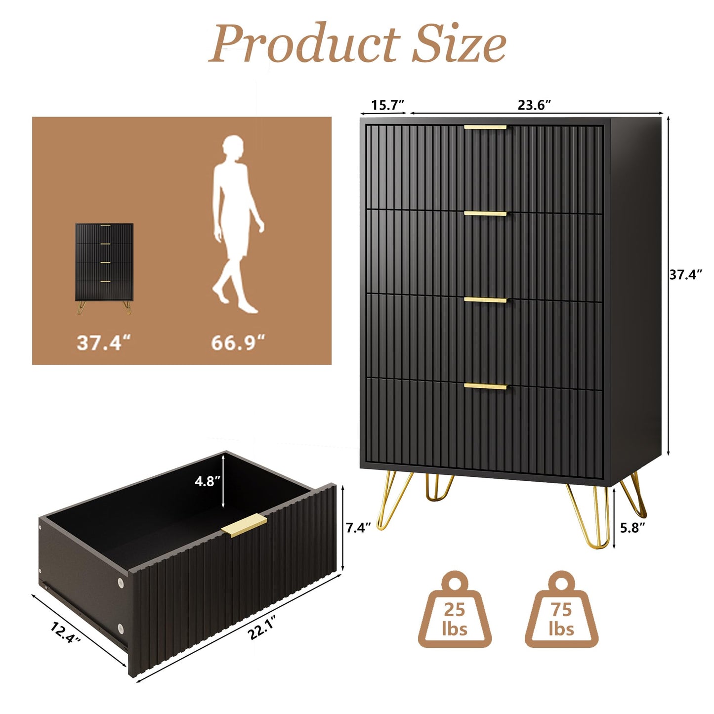 MAISONARIA Black Dresser for Bedroom, 4 Drawer Dresser with Gold Metal Handles & Chests of Drawers, Chests of Drawers for Hallway, Bedroom
