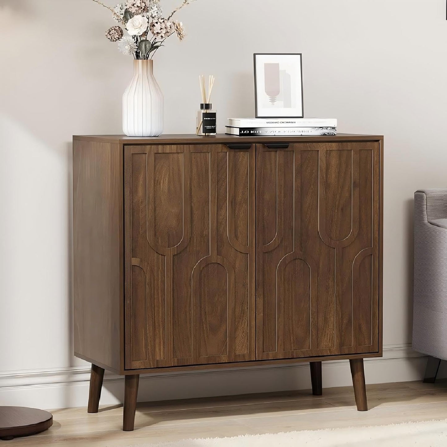 Smart FENDEE Sideboard Buffet Cabinet, Accent Storage Cabinet with U-Shaped Fluted Doors, Farmhouse Wood Cabinet for Kitchen, Living Room, Entryway, Walnut