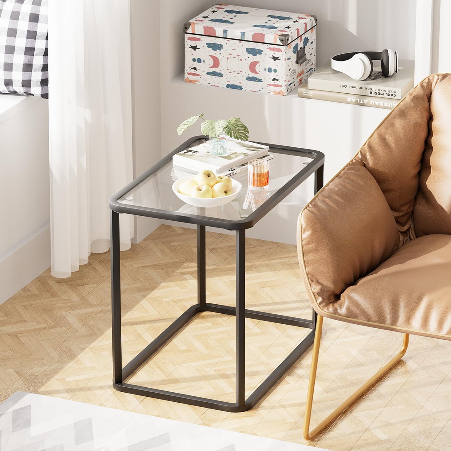 Garden 4 you Glass Side Table, Rectangle End Table with Metal Frame, Modern Bedside Table for Office, Bedroom, Living Room, Study, Small Spaces,Easy Assembly,23.6x15.7x20.8 Inches,Black
