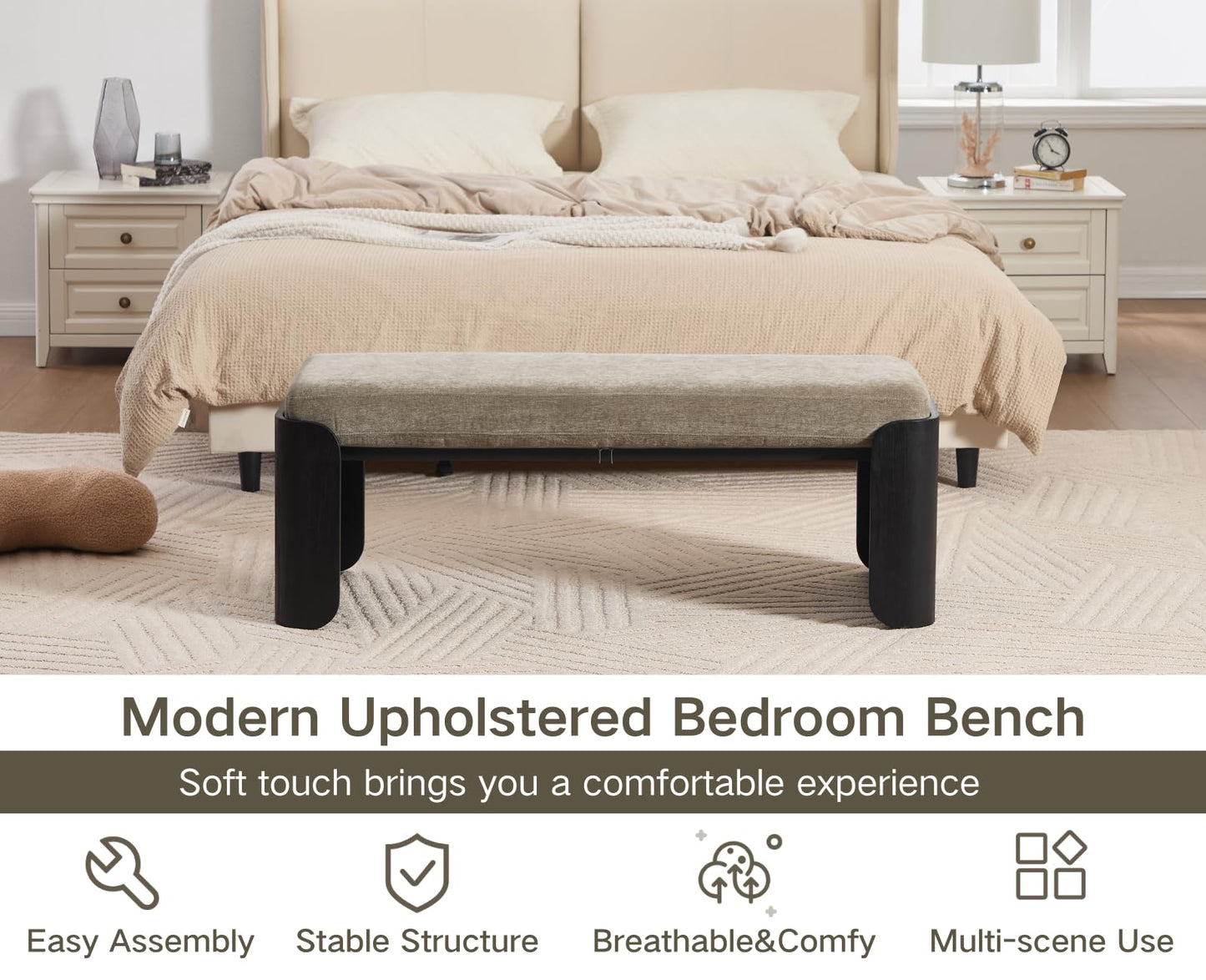 Shunzhi Modern Upholstered End of Bed Bench for Bedroom 49” Entryway Bench with Black Wood Leg Window Ottoman Bench for Living Room/Bedroom/Hallway/Indoor, Green Chenille