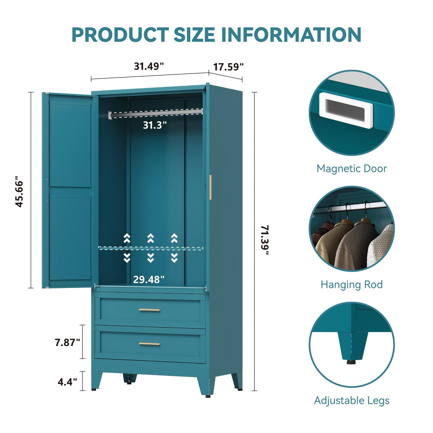 Baborokic Metal Wardrobe Cabinet with Hanging Rod, 71" Armoire Wardrobe Closet with 2 Drawers,Farmhouse Metal Clothing Storage Cabinets with Door and Adjustable Shelves for Bedroom,Laundry Room(Blue)
