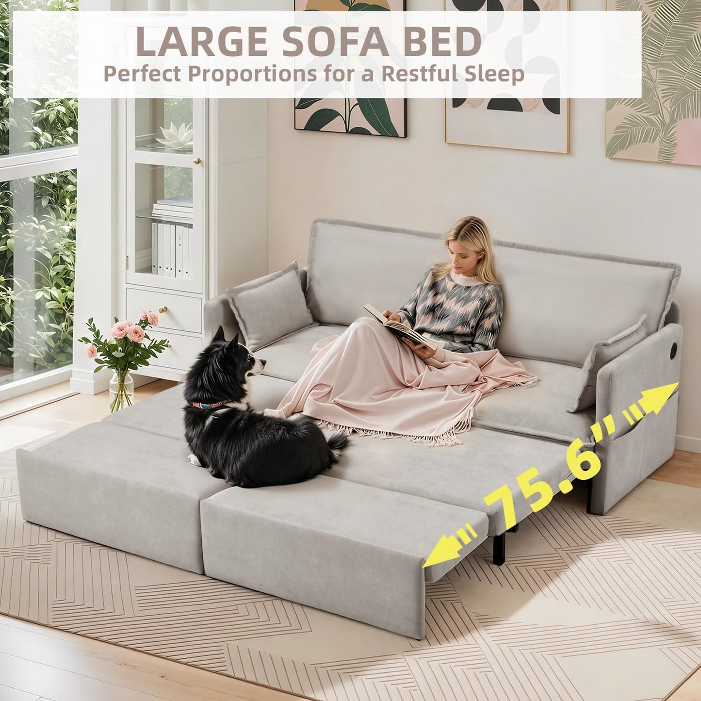 JFHID 3 in 1 Sofa Bed, 72" Pull Out Couch Sleeper Sofa Bed with USB Ports & 4 Side Pockets for Living Room, Apartment, Light Grey
