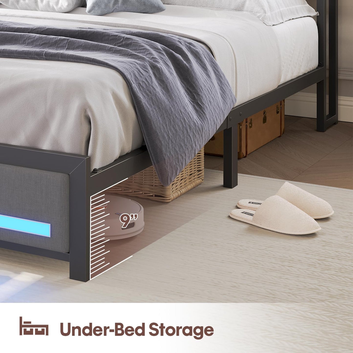 busyaeh King Size Bed Frame with Upholstered Storage Headboard, King Bed Frame with Smart LED Lights, Camas King Bed with Charging Station,Noise-Free, Metal Support, No Box Spring Needed, Gray