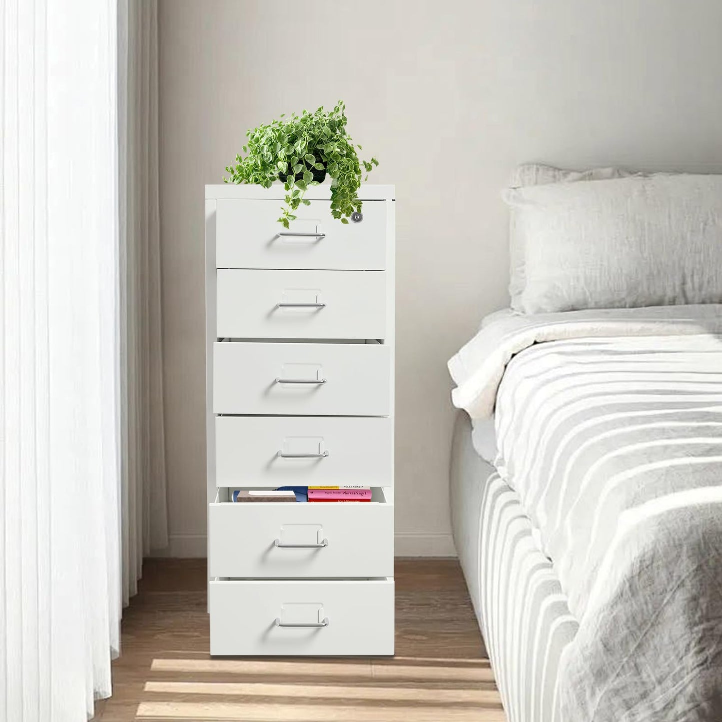 HZOPUTLH 6 Drawer Vertical File Cabinet with Lock, Freestanding Filing Metal Drawers Organizer with 4 Wheels, Movable Under Desk Cabinet Vertical File Storage for Home Office (White)