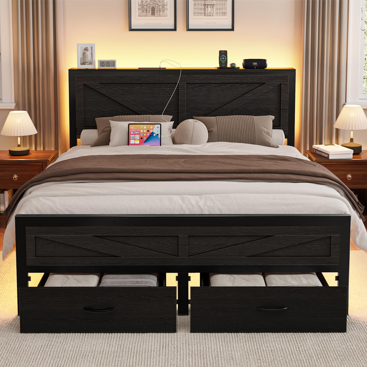 Siihnon Rustic King Size Bed Frame with Storage Drawers and Barn Door Headboard, Farmhouse LED King Bed Frame with Charging Station, Metal Industrial Platform Bed Frames, No Box Spring Needed, Black