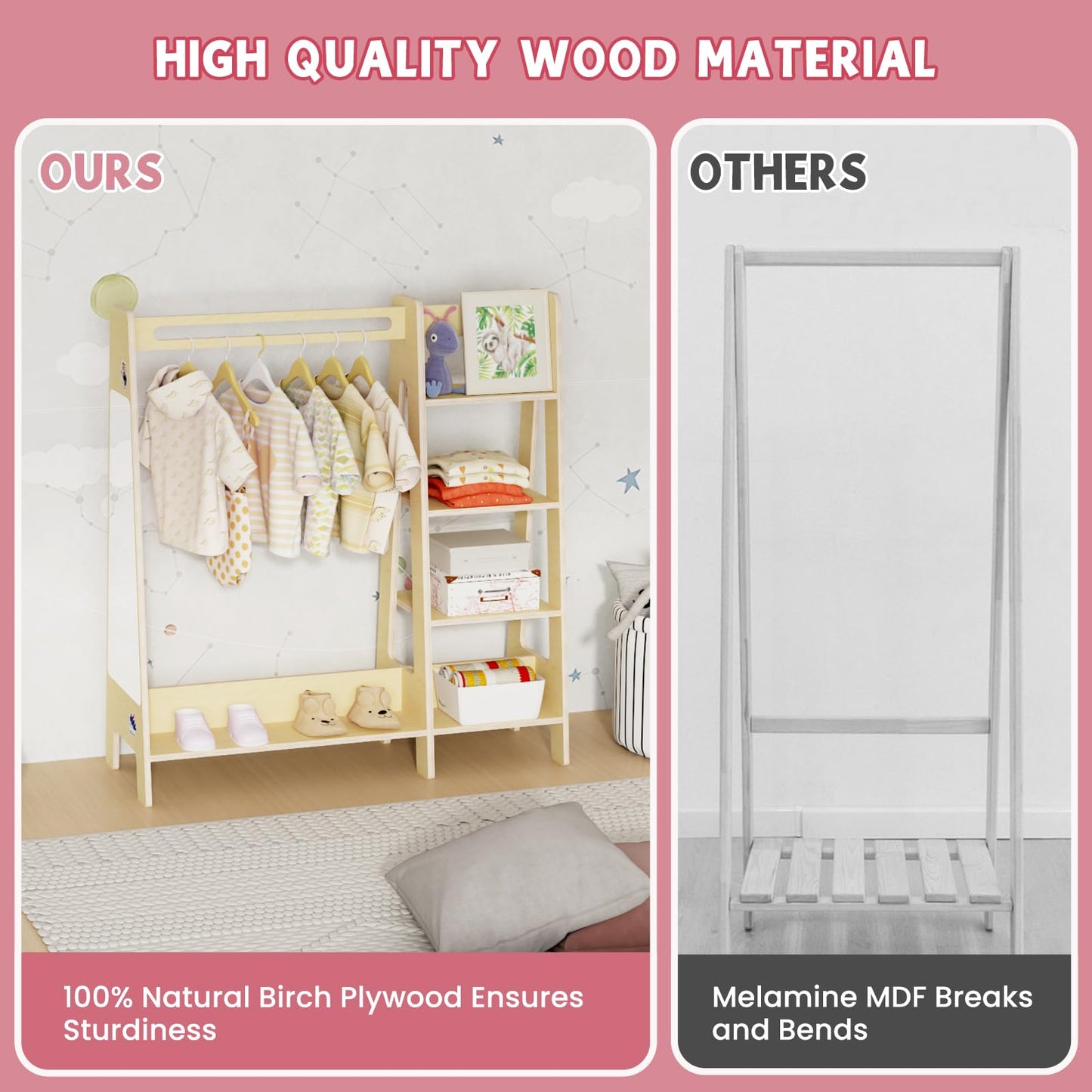 Kids Dress Up Storage with Mirror, Kids Closet with 5 Hanger and Stickers, Opening Hanging Costume Closet Wardrobe for Boys and Girls
