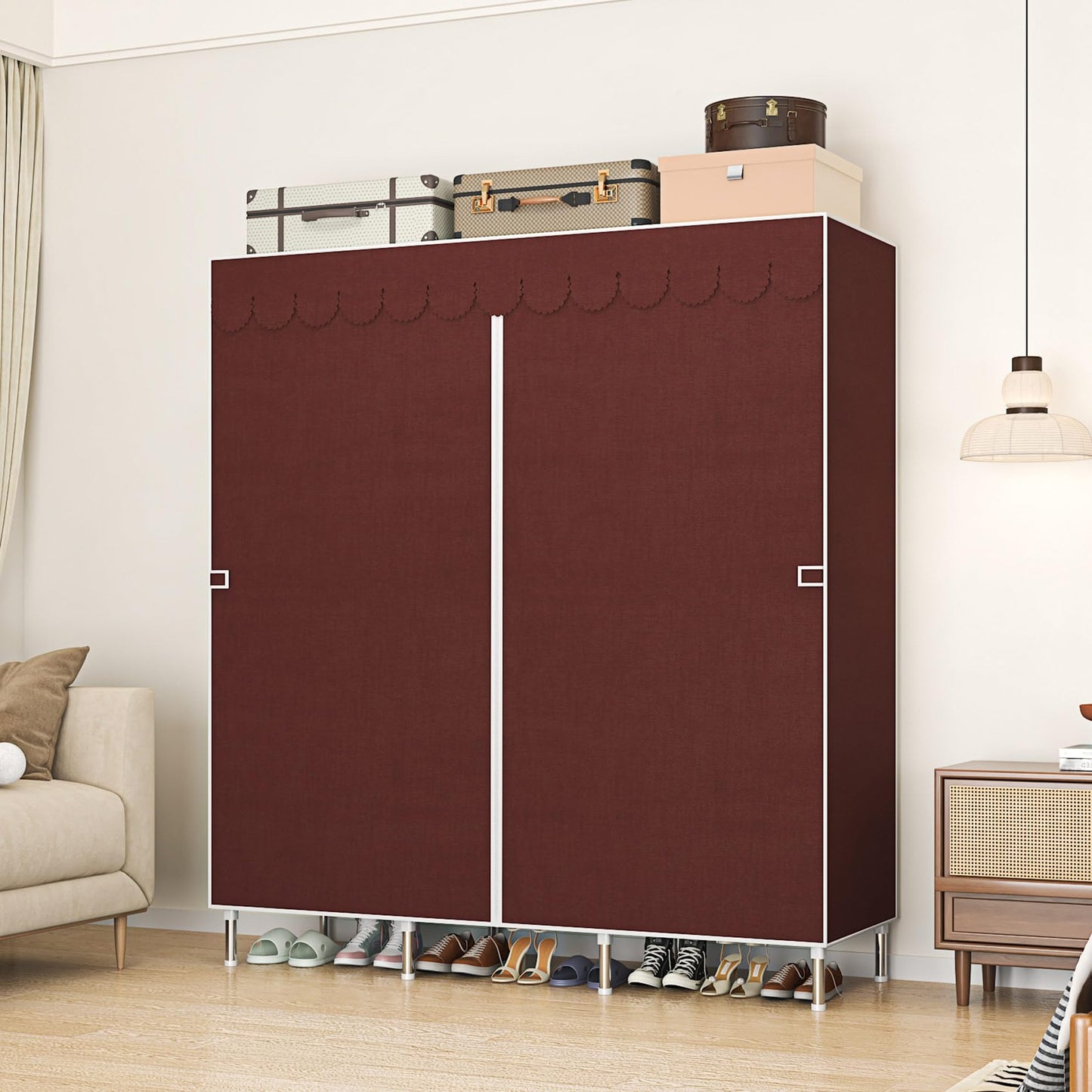 LEAIJIAFY Portable Wardrobe Closet with Metal Frame, Deep Red & Brown Fabric Cover, 3-Tier Storage with Hanging Rod, 3 Storage Area for Clothing,Bedding (Deep Red)
