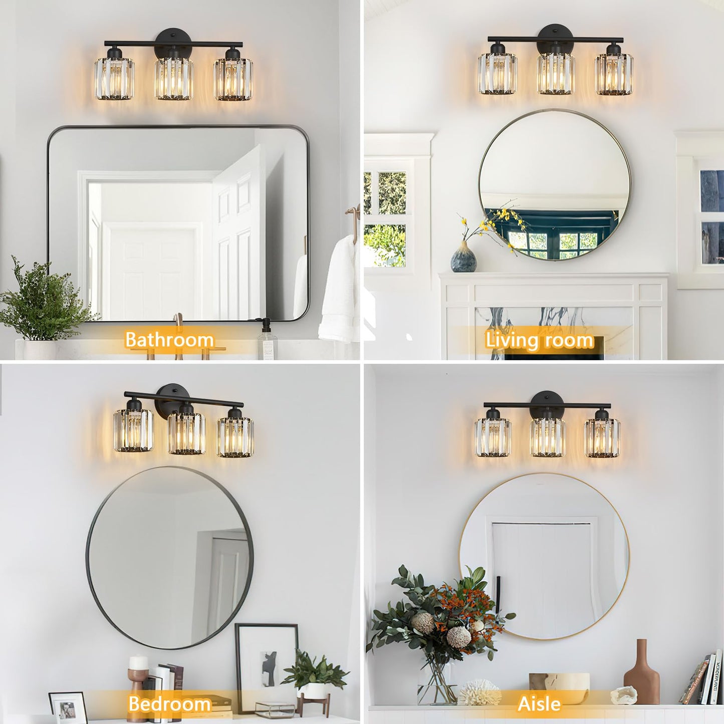 FDPBY Modern 3 Light Crystal Vanity Light, Black Vertical Bathroom Light Fixture Over Mirror for Dressing Table Sink, Compatible with Dimmable Bulbs (Bulbs Not Included)