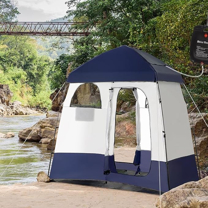 Outsunny Shower Tent, Pop Up Privacy Shelter for Camping, Dressing Changing Room, Portable Instant Outdoor Shower Tent Enclosure w/ 2 Rooms, Shower Bag, Floor and Carrying Bag