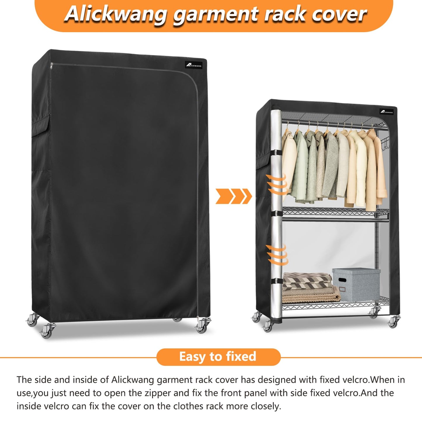 Alickwang Garment Rack Cover,Heavy Duty 600D Dustproof Waterproof Clothing Rack Cover with Zipper - Clothing Rack Covers for 45"W x 17.7"D x 80.3"H Metal Racks （Cover Only)
