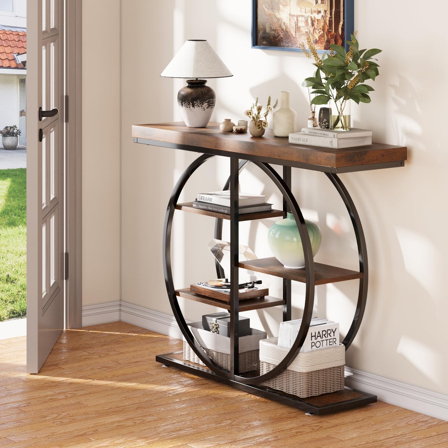 LIFECHOVY 41.3" Console Table for Entryway, Industrial Hallway Sofa Table with Storage Shelves, Narrow Accent Decor Living Room Furniture with Circle Base for Foyer, Entrance, Rustic Brown