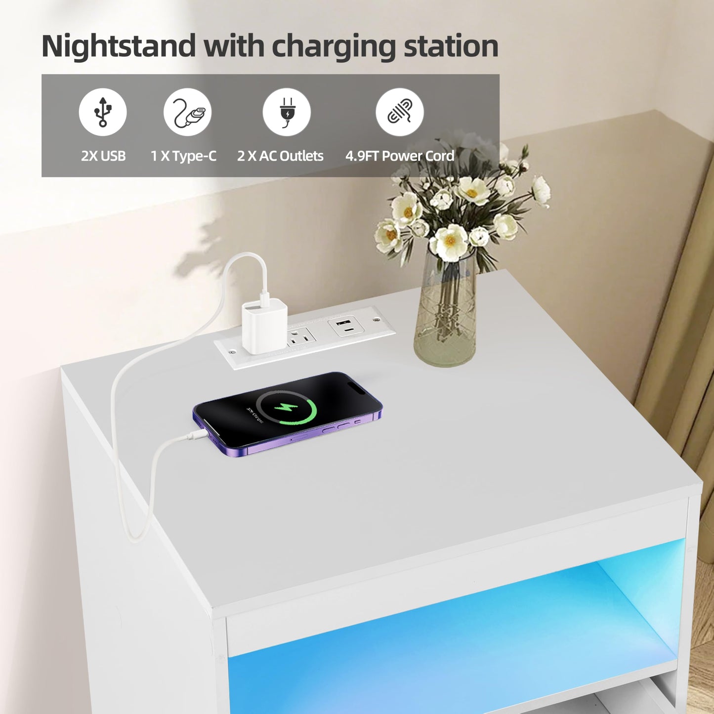 ansefe Nightstand with Charging Station and LED Lights, Bedside Table with 2 Drawers and Open Shelves, Modern End Side Table,White