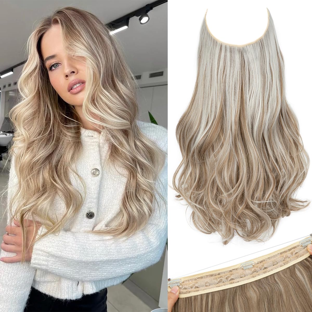 SARLA Invisible Wire Hair Extensions with 3 Clips Short Wavy Curly Synthetic Hairpiece for Women Adjustable Transparent Headband 14 Inch Ivory Blonde