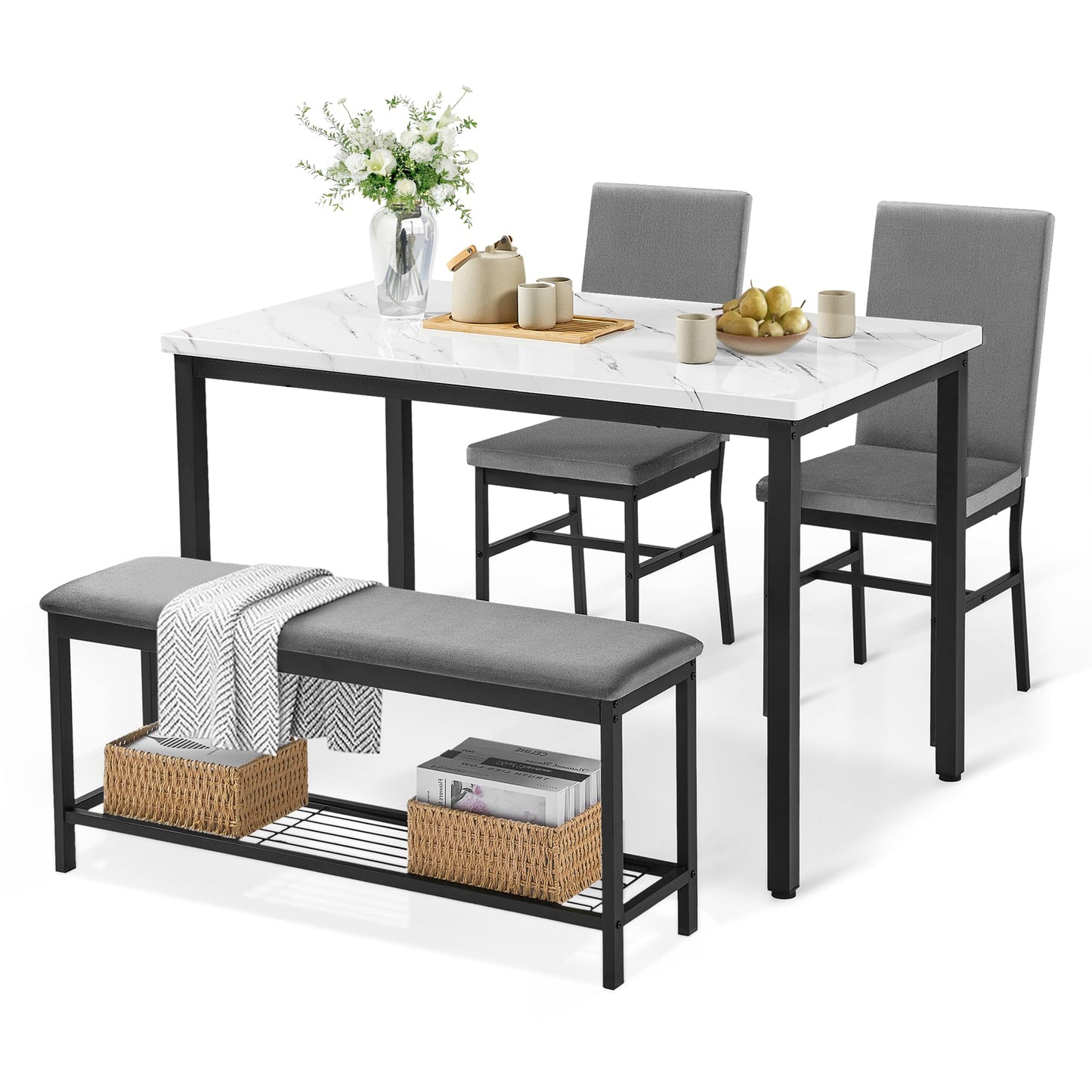 COCLUB Dining Table Set for 4, 47.2" Faux Marble Kitchen Table Set with Upholstered Velvet Chairs and Bench, 4-Person Rectangular Space Saving Dinette Set for Apartment, Restaurant, Home (Gray)