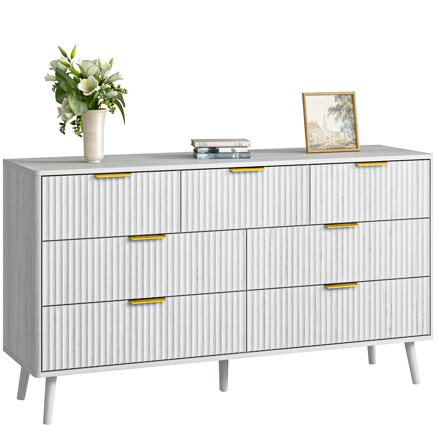 CARPETNAL Fluted 7 Double Drawers White Dresser for Bedroom, 55”Wide Modern Chest of Drawers with Deep Drawers,Wood Drawer Organizer for Bedroom Living Room, Hallway, White