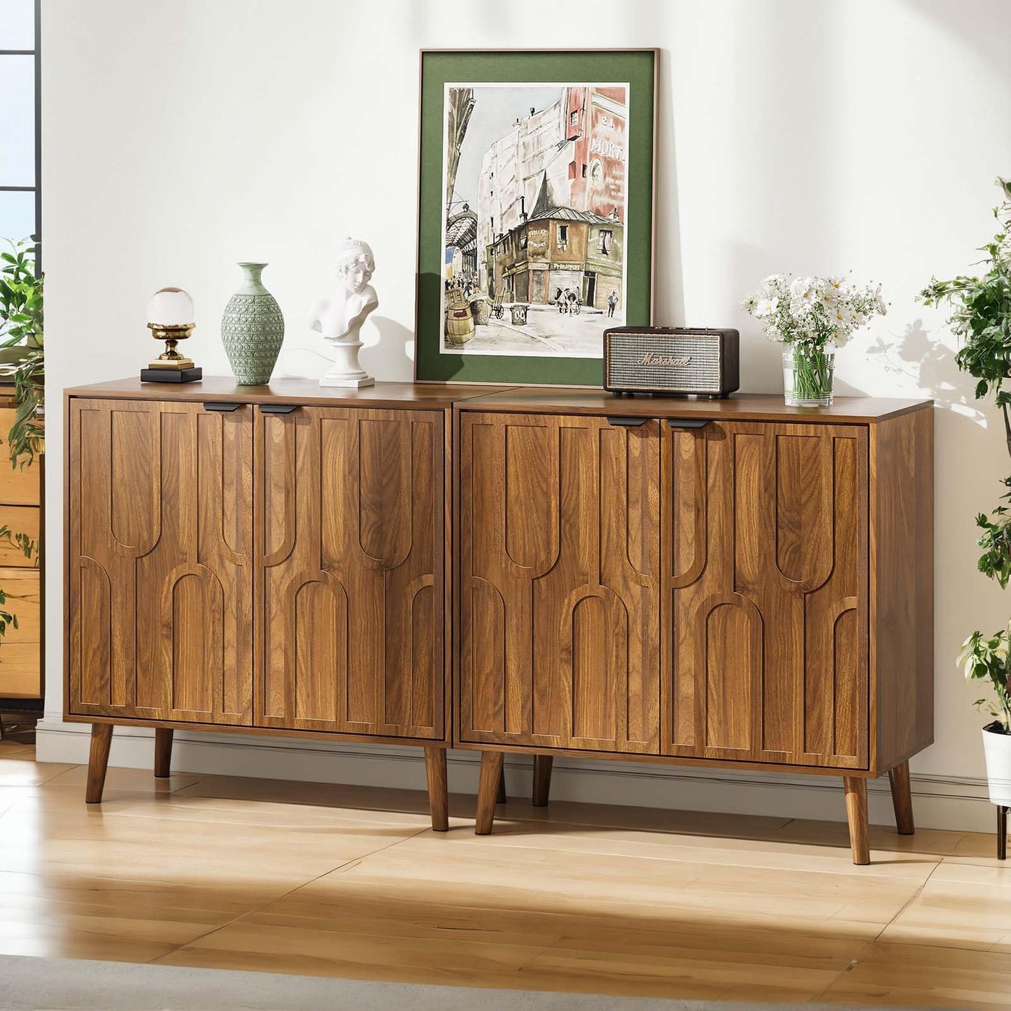YMW Sideboard Buffet Cabinet, Mid Century Modern Storage Cabinet with Paper Clip Design Doors and Adjustable Shelves, Boho Style Wooden Buffet Cabinets for Hallway, Entry, Living Room, Walnut