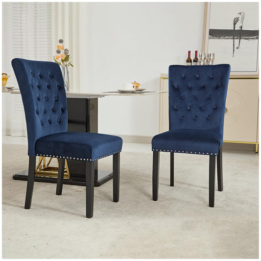 adochr Velvet Dining Chair Set of 2, Parsons Upholstered Dining Room Chair, Wood Accent Chair with Nailed Trim, Blue