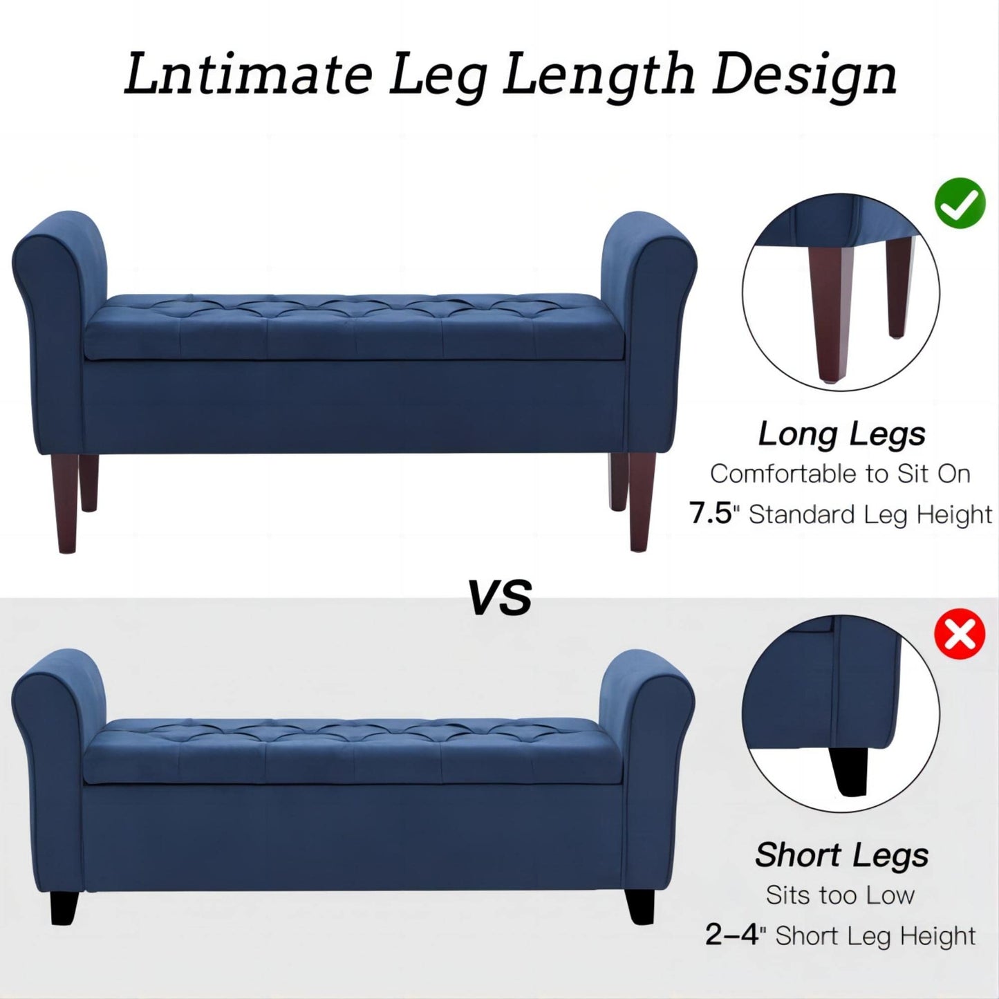 HUIMO 48" Arm Storage Ottoman with 7.5-inch Solid Wood Legs, Storage Bench, Upholstered Window Sitting Bench for Bedroom,End of Bed Bench Indoor, Livingroom, Entryway (Dark Blue)