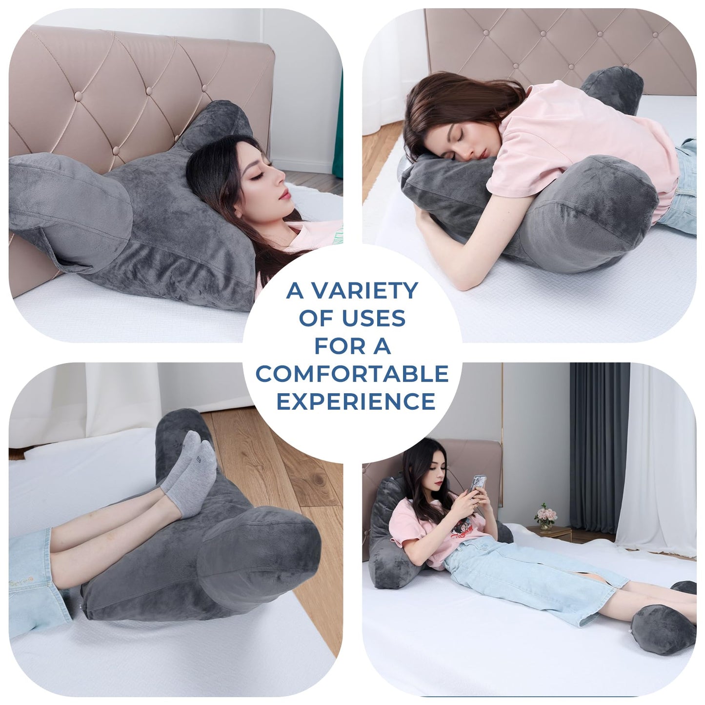 COOLBEBE Reading Pillow for Bed Backrest Pillow for Bed Sitting Up Adult with Arms Navy Back Support Pillow with Headrest & Pockets, Removable Washable Cover and Detachable Neck Roll(Standard 18")