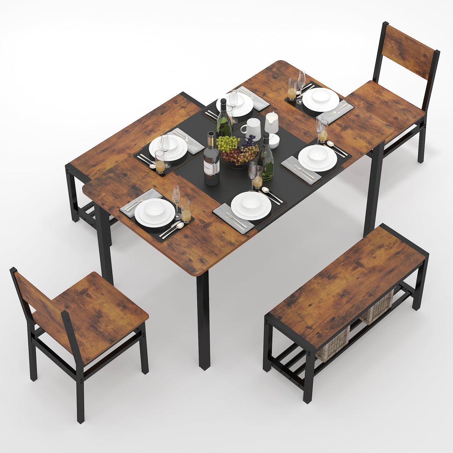 NAIYUFA Dining Table Set for 4-6 People,Industrial Dining Table with 2 Benches and 2 Chairs,Kitchen Table Set with Storage Rack for Dining Room,Saving Space,Rustic Brown