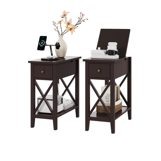 ChooChoo End Table Set of 2, Flip Top Narrow End Table with Drawer, Accent Small Side Table Nightstand for Living Room, Bedroom, and Small Spaces, Espresso
