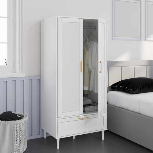 ALBSL Bedroom Armoire Wardrobe Closet with Hanging Rod,60" 2 Door Almirah for Clothes with Drawers,Morden Storage Cabinet,White