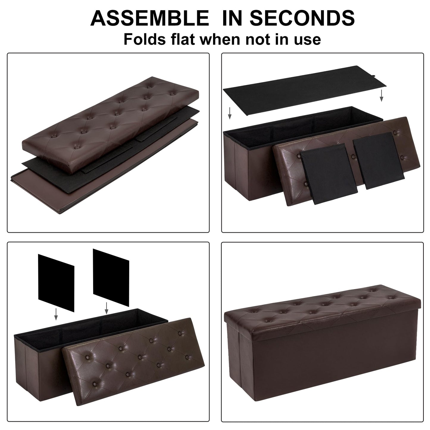 GLAXYFUR Storage Ottoman Bench, 43 Inches Folding Ottoman with 2 Dividers, PU Leather Foot Rest, End of Bed Bench, Storage Chest for Living Room, Bedroom and Entryway, Brown