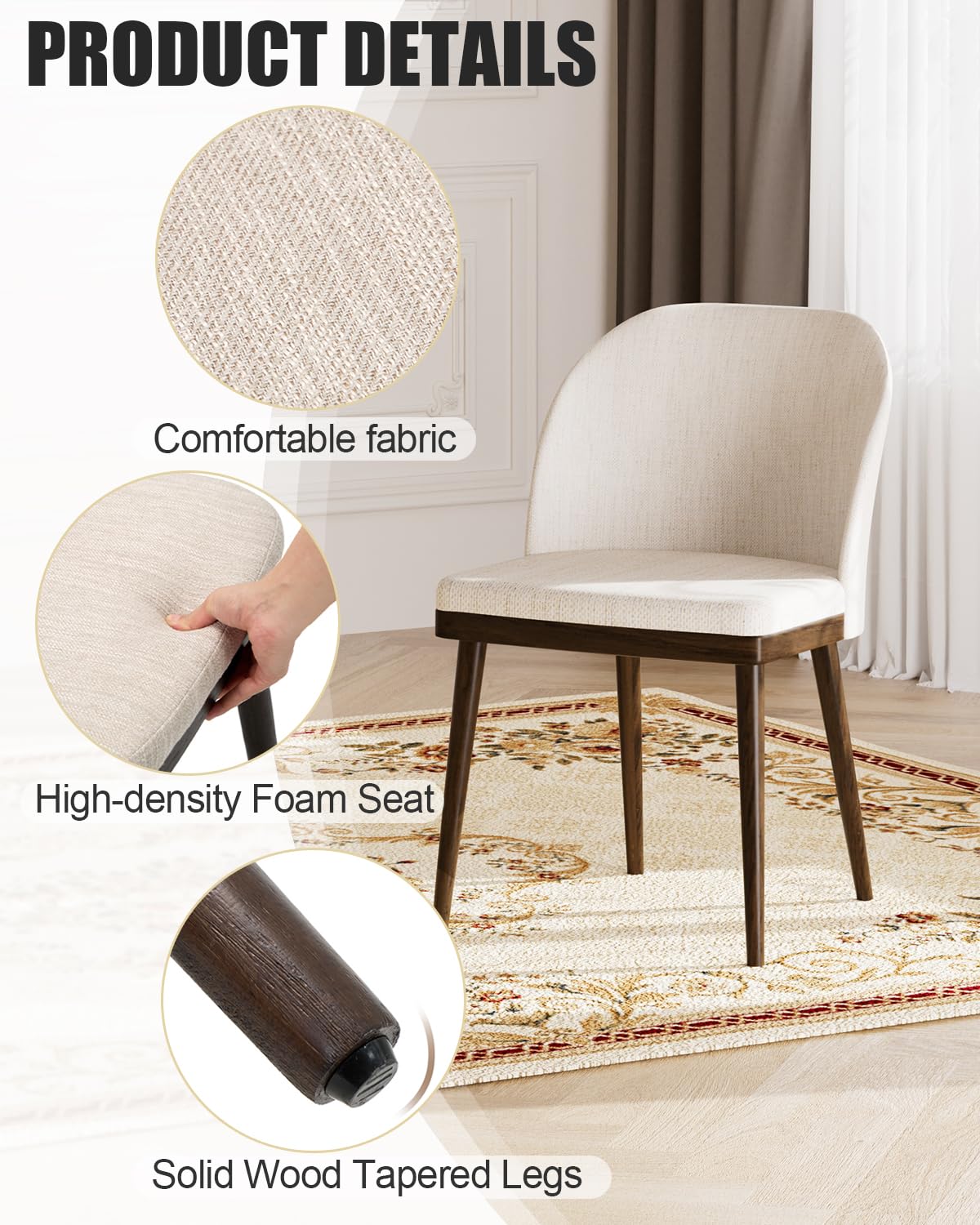 Homixis Upholstered Dining Chairs Set of 4 - Line Fabric Modern Dining Room Chairs, Mid-Back Restaurant Kitchen Chairs with Wooden Legs