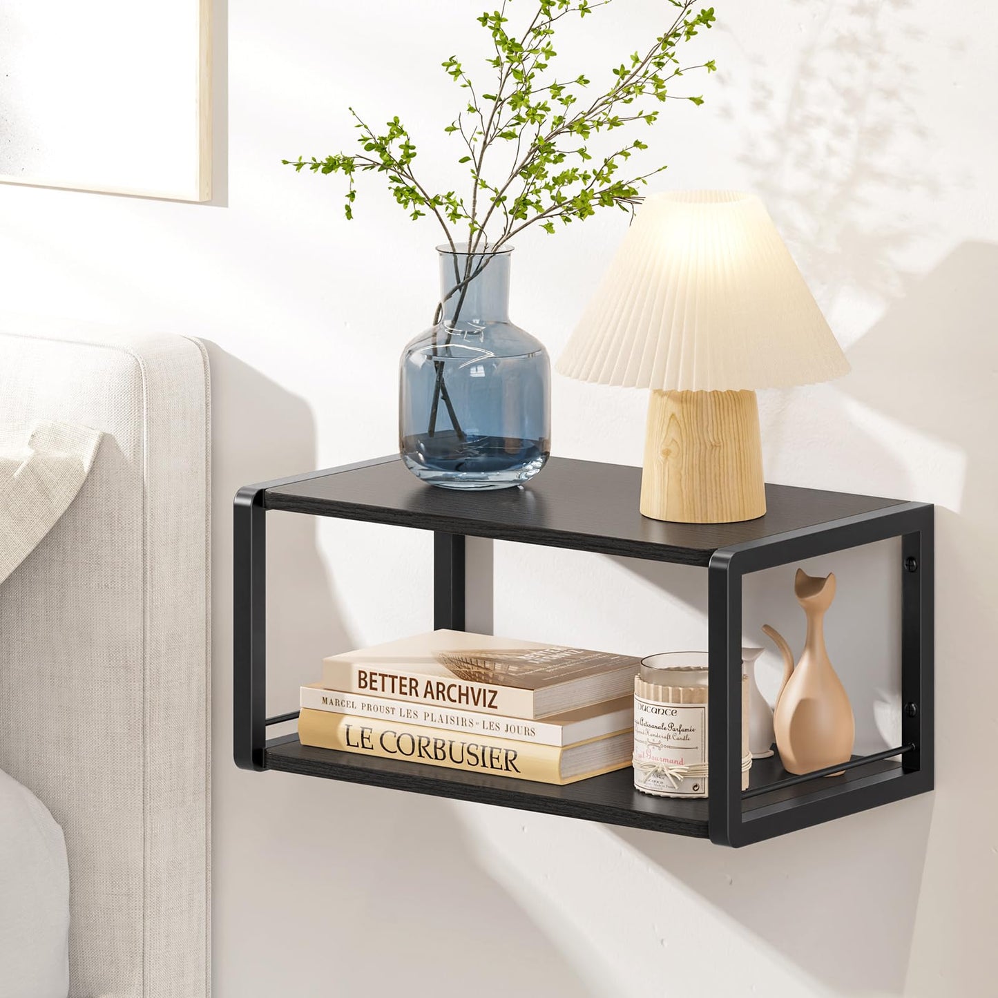 NANAGIFTREE Floating Nightstand, Wood Bedside Shelf Wall Mounted Nightstand with Heavy-Duty Frame, Floating Bedside Table for Bedroom, Bathroom, Kitchen, (Vintage Black, 1 Pack)