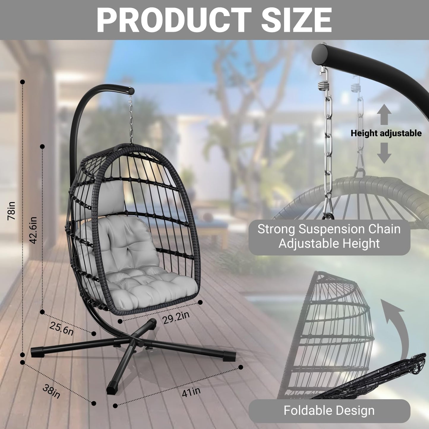 CHABATREE Egg Chair with Stand,Patio Rattan Wicker Hanging Swing Egg Chair Hammock Chair for Bedroom Porch Garden,Thickened Aluminum Alloy Steel Frame and UV Resistant Cushion,350LBS Capacity