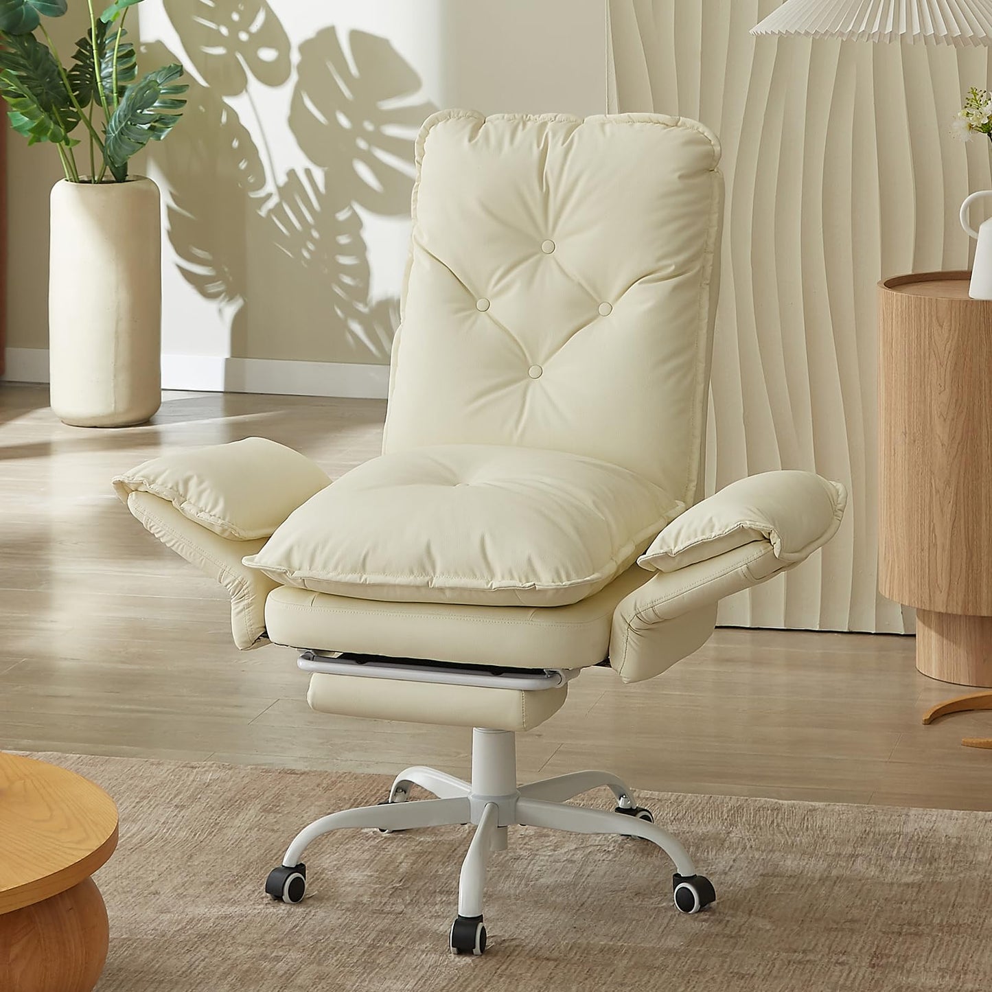 Bestier Criss Cross Chair with Footrest, High Back Cross Legged Office Chair with Flip-up Arms & Wide Seat, 135° Reclining Executive Ergonomic Computer for Working Gaming(Beige, PU Leather)