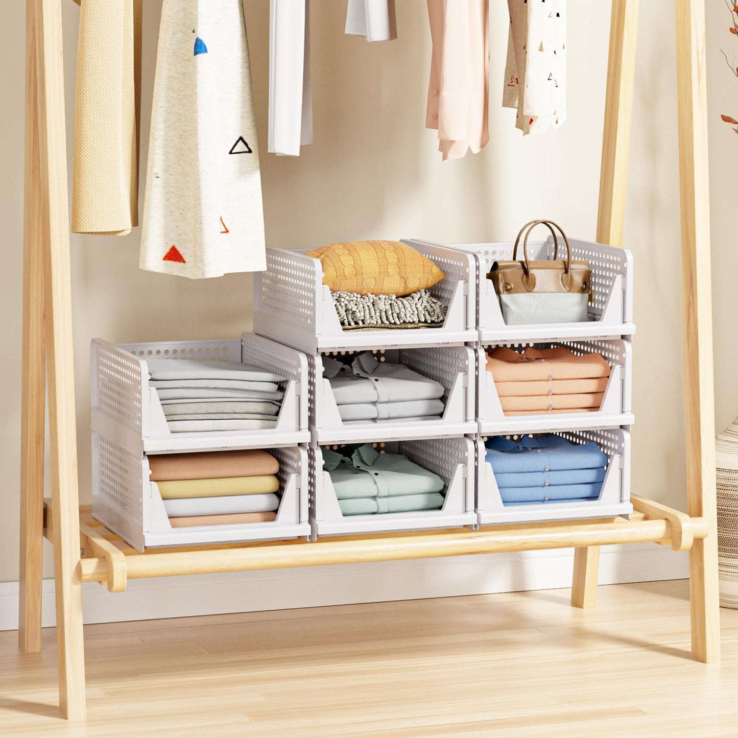 5 Pack Stackable Closet Storage Basket - Stackable Storage Bins, Multifunctional & Foldable Closet Organizer, Wardrobe Cupboard Space-Saving Hat Storage Drawer Organizer, White