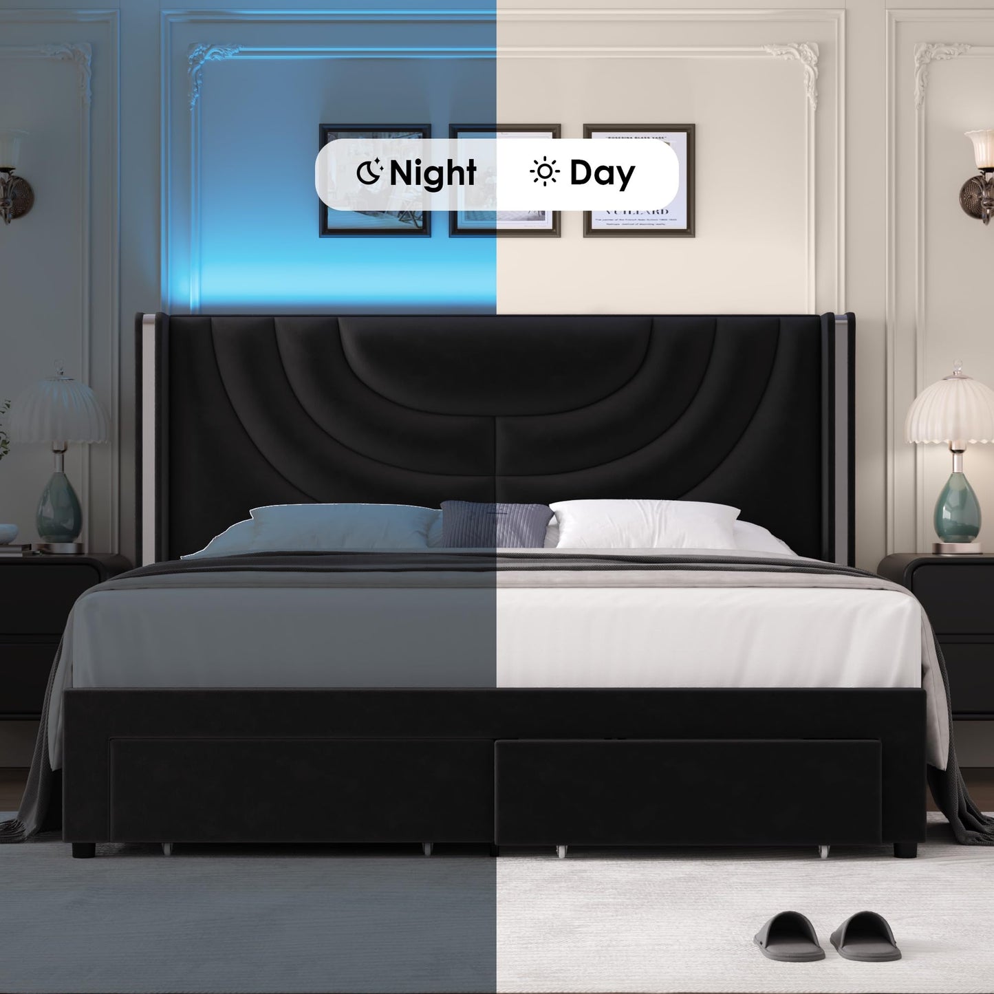 HITHOS Queen Upholstered LED Bed Frame with 2 Storage Drawers, Velvet Platform Bed with Wingback Headboard, Solid Wooden Slats Support, No Box Spring Needed, Headboard Splicing Design, Black