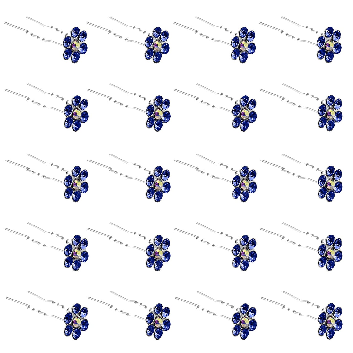 QIUTIMIY 20 Pack (Navy) Crystal Flower Hair Pins Rhinestone Hair Clips for Bridal Wedding Women Hair Jewelry Accessories, with Clear Container
