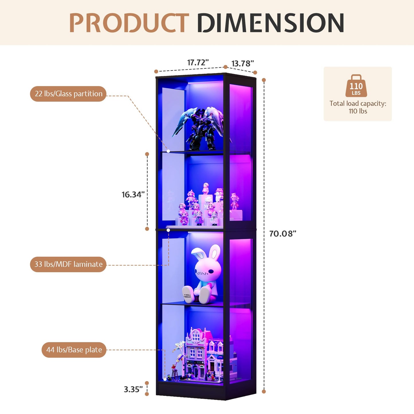 Jocisland 18x14 Inch Display Cabinet with RGB Lights, 4-Tier Storage Display Case for Collectibles, Adjustable Shelves, MDF and Tempered Glass, Black